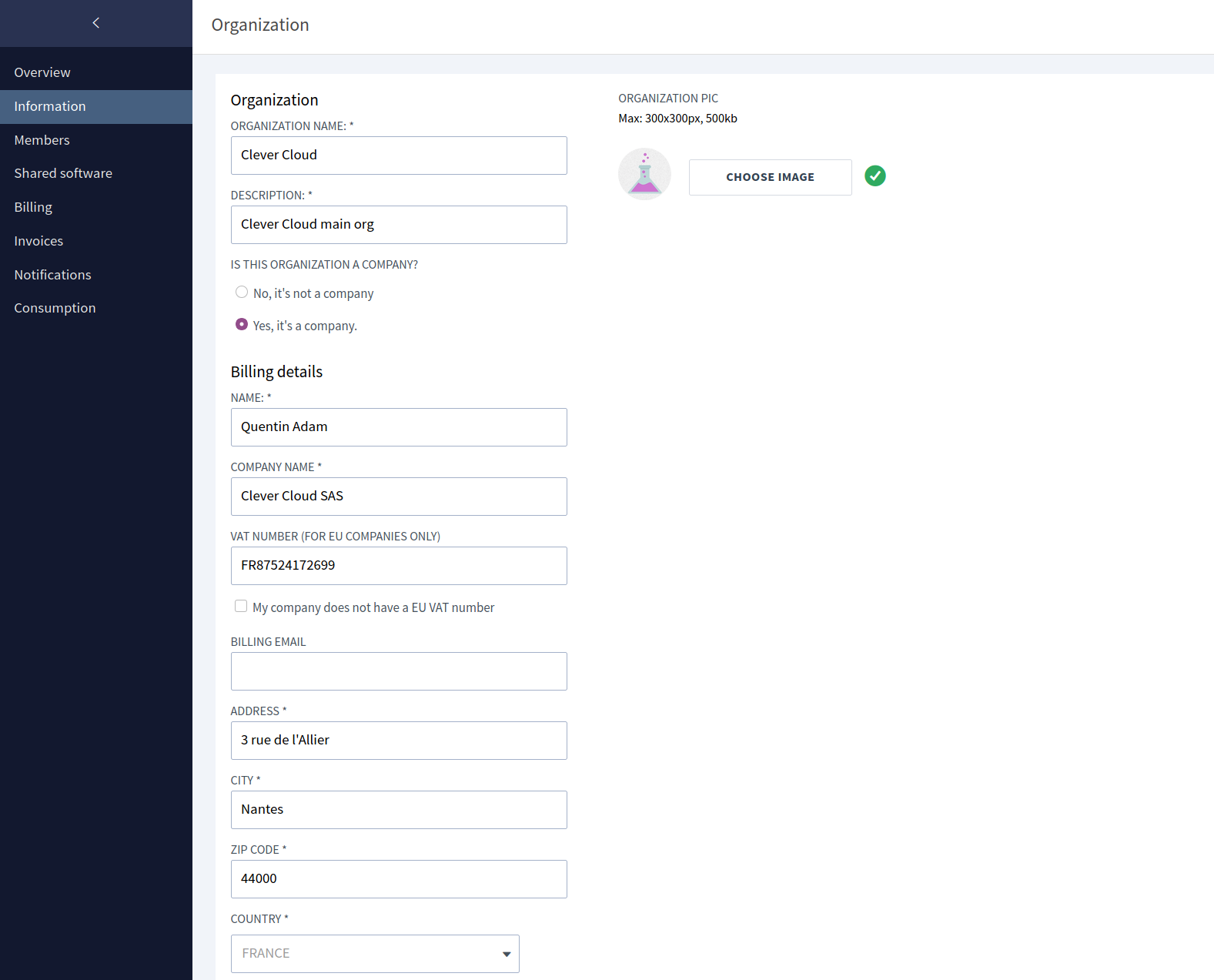 organisation information Clever Cloud Console: “Information menu from the organisation”